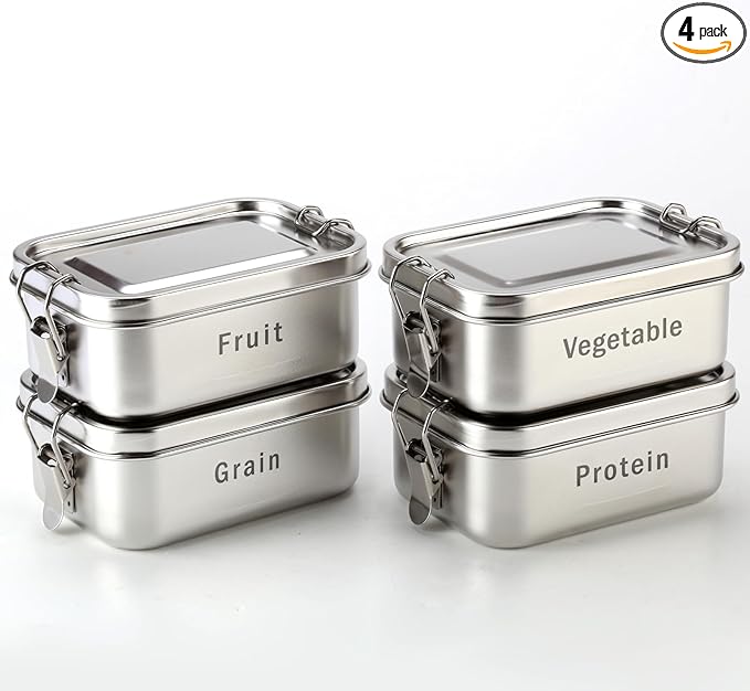 4 Pack Stainless Steel Lunch Box, 550ml Small Metal Bento Box Engraving Food Words, Reusable Dishwasher Safe Stainless Steel Containers for Work, Outdoor (Food, Small)
