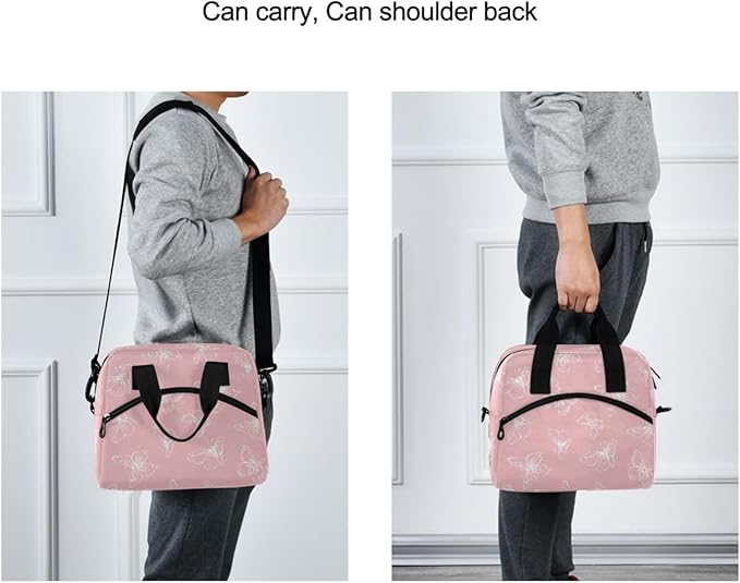 Pink Butterfly Lunch Bag for Man and Women Water-Resistant Fabric Lunch Box, Portable Insulated Meal Tote with Front Pocket
