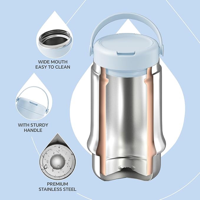 Ideus 20 oz Insulated Soup Thermo with Foldable Spolk and Bowl, All-in-one Stainless Steel Vacuum Thermal Food Jar for Lunch, Leakproof Bento Lunchbox Portable Soup Container (Light Blue)