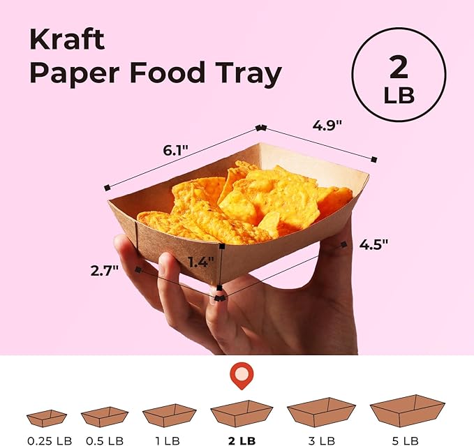 Fit Meal Prep [250 Pack 2 lb Paper Food Boats Heavy Duty Disposable Food Trays, Kraft Brown Nacho Tray for Parties Fairs Picnics Carnivals Holds Tacos Nachos Fries Hot Dogs Grease Resistant