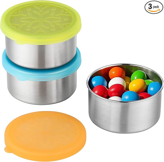 Stainless Steel Snack Containers for Kids Salad Dressing Container To Go Small Snack Box with Silicone Lids Easy Open LeakProof Reusable Metal Toddler Lunch Box for School