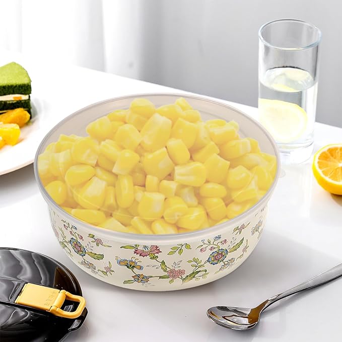 Hemoton 5pcs Enamel Mixing Bowls with Lids - Stackable Food Storage Bowls for Salad, Fruit, Soup - Retro Design for Home Use, 4.05 X 4.05 X 1.96 Inch