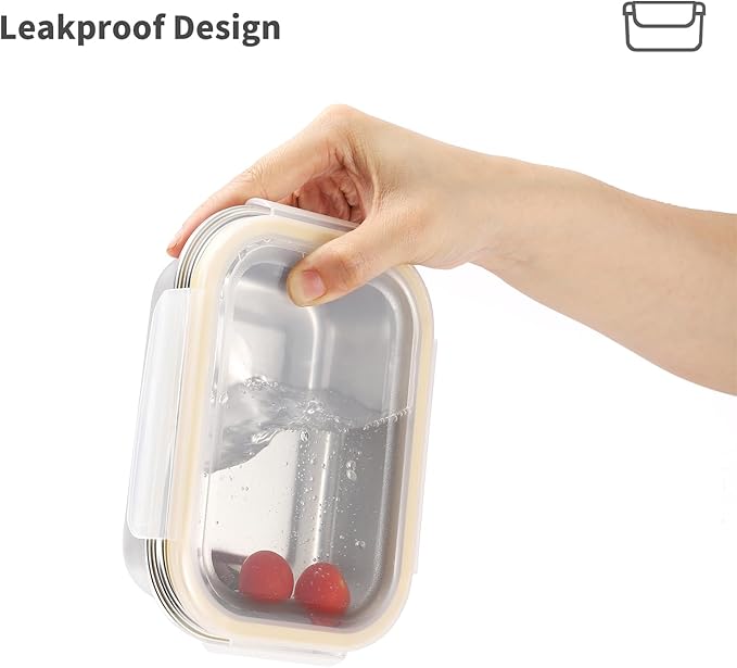 18/8 Stainless Steel Food Storage Containers, Meal Preparation Container Set, Baking Pan, Leak Proof Stackable Light and Easy Storage, Metal Set of 5 (2PC 21oz/2PC 43oz/1PC 169oz)