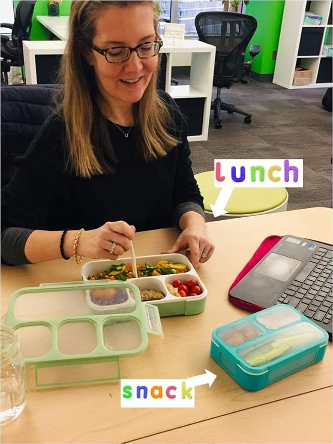 kinsho Leakproof Bento Lunch and Snack Boxes. Family Pack of 4 Meal Planning Portion Containers For Women, Adults. BPA Free. Utensils, Blue & Green (2 large + 2 Mini Lunch box)