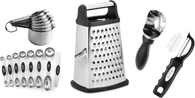 Spring Chef Ultimate Gift Bundle - Professional XL Box Grater, Magnetic Measuring Spoons, Ice Cream Scoop, Swivel Peeler & Measuring Cups - Black