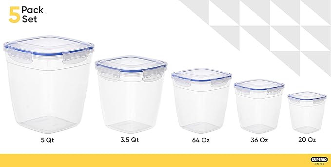 Superio Plastic Food Storage Container Set, BPA Free, Sealed Containers with Airtight Lids for Pnatry, Cupboard, and Fridge- Microwave and Dishwasher Safe (10) (5-Pack)