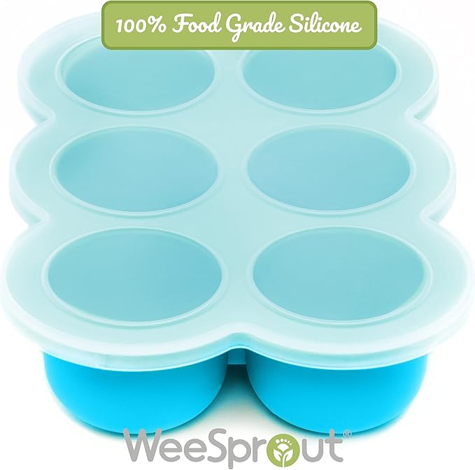 WeeSprout Silicone Freezer Tray with Clip on Lid Perfect Food Storage Container for Homemade Baby Food, Vegetable, Fruit Purees, and Breast Milk (Bright Blue, Six 3 Ounce Sections)
