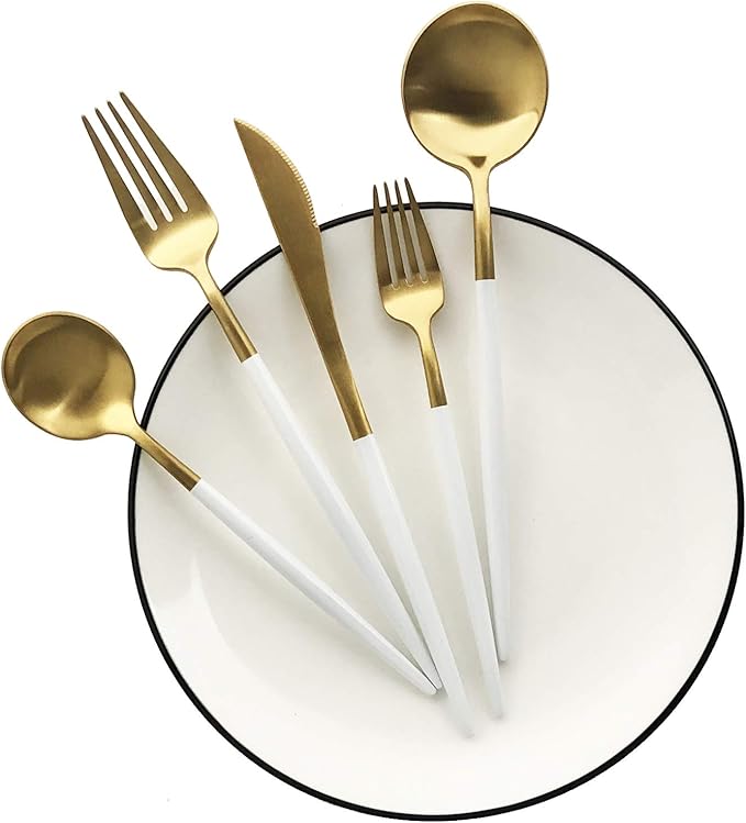 Silverware Set, Hand polished Matte Gold White Flatware Cutlery Set Service for 4, Satin Finish 20 Pieces 18/10 Stainless Steel Utensils Set for Home and Restaurant, Dishwasher Safe