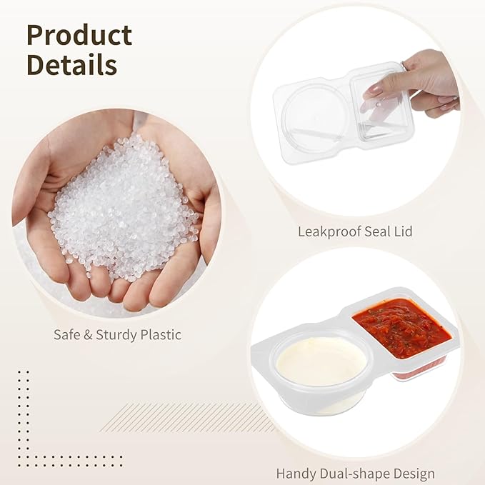 OMISTAR 50 Pcs Double Condiment Containers, Double Compartment Containers with Lids, Square and Round Dual-Compartment Snack Containers, Clear Portion Cups for to-go Sauce, Sampling, Travel