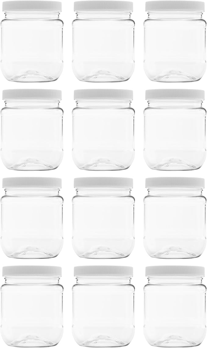 12 Pack of 12 Ounce Plastic 1.5 Cup Jars with 70RM Leak Proof Seal Lid - Food Grade and BPA Free (12oz, 12pk)