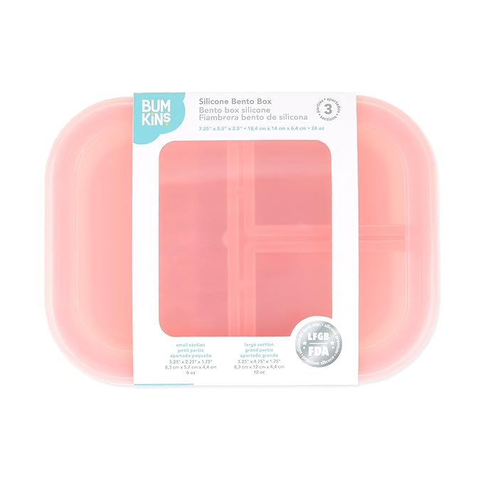 Bumkins Snack/Lunch Bento Box for Kids and Adults, 3 Compartment Container, Leak Proof Lid, for Portioning, Large Section Can Hold Sandwich, Food-Safe LFGB Platinum Silicone, Microwave-Safe, Pink