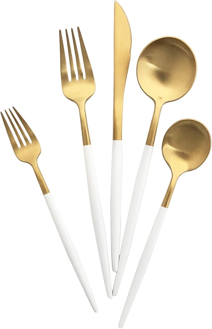 Silverware Set, Hand polished Matte Gold White Flatware Cutlery Set Service for 4, Satin Finish 20 Pieces 18/10 Stainless Steel Utensils Set for Home and Restaurant, Dishwasher Safe