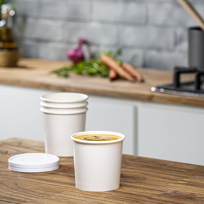 GUSTO [12 oz. - 50 Count White Paper Food Containers with Vented Lids - To Go Hot Soup Bowls, Disposable Ice Cream Cups, Ideal for Hot and Cold Foods - (Formerly Comfy Package)