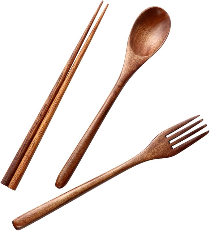 Hemoton 6 Pcs Wooden Flatware Tableware Cutlery Set Travel Utensils Wooden Fork Spoon Chopsticks Reusable Flatware Utensils for Kitchen Dinning Table