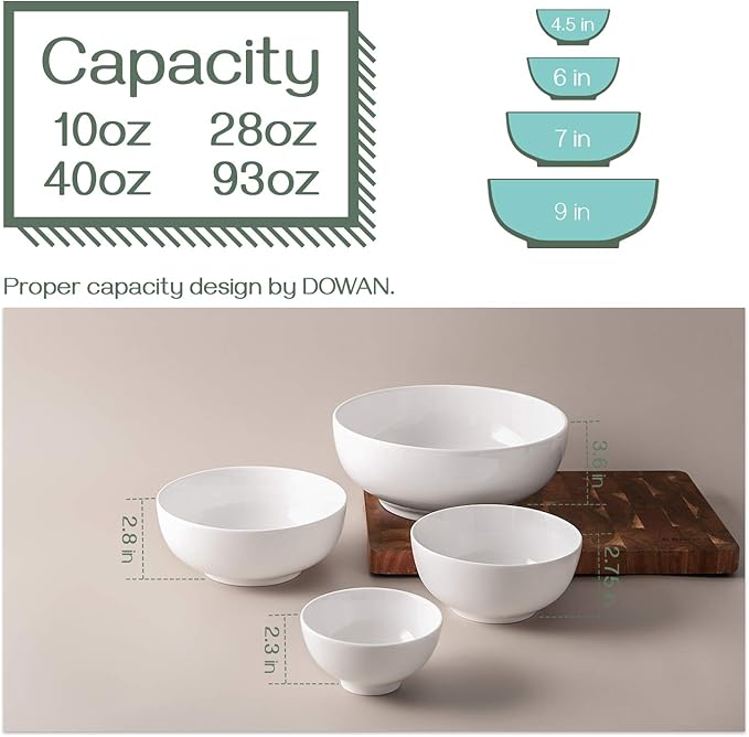 DOWAN Serving Bowls, Mixing Bowl Set, 86/36/24/8.5 Ounces Mixing Bowls for Kitchen, White Serving Set, Serving Bowls Set of 4, Ceramic Bowl Sets for Eating Different Sizes
