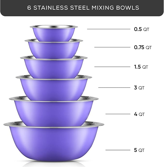 JoyJolt Stainless Steel Mixing Bowl Set of 6-5qt to 0.5qt Nesting Bowls for Dough, Batter & Baking