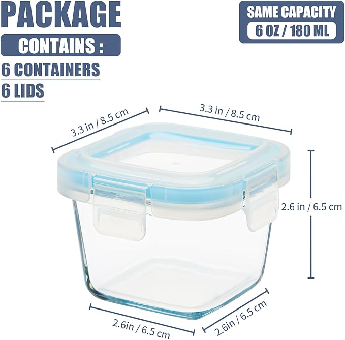 Small Glass Containers 6 Pack, 6 oz Reusable, Airtight, Leakproof Mini Food Storage Containers with Lids