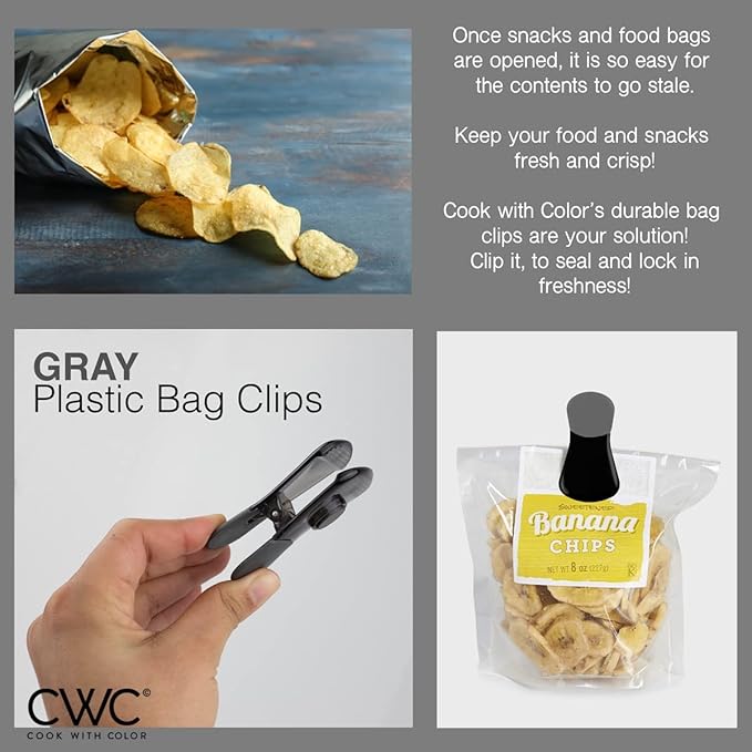 COOK WITH COLOR Bag Clip with Magnet- Chip Bag Clip, Sealing Food Clips, Plastic Clips for Food and Kitchen Storage, Chip Clip and Snack Bag Clips, 5 Pack, Grey