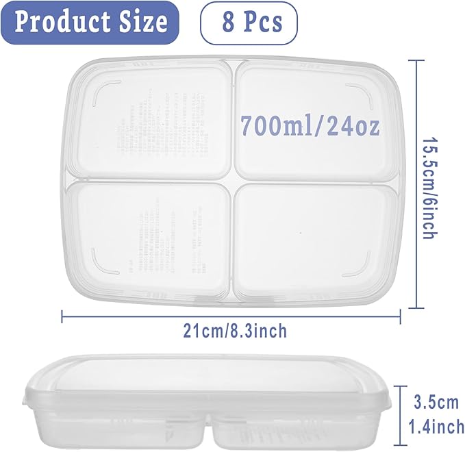 8 Pcs 4 Compartment Food Storage Containers with Lids, BPA-Free Divided Serving Tray Container Reusable, Plastic Freezer Storage Containers for Storing Fruits, Vegetables, Meat