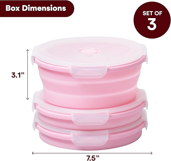 Vdomus Collapsible Food Storage Containers - Leak Proof, Microwave Safe - 40.5oz/1.2L Airtight Silicone Food Containers - Meal Prep Collapsible Bowls with Lids - Set of 3 - Pink