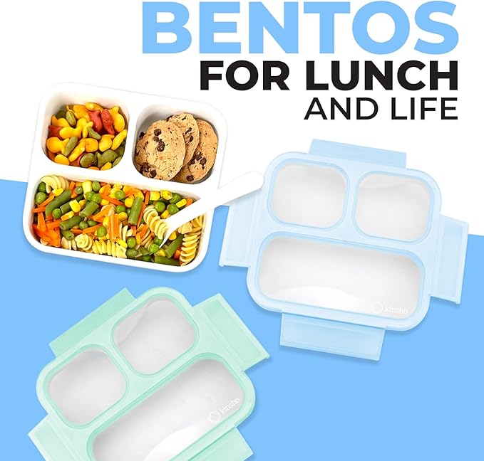 kinsho Medium Bento Box for Kids, Lunch-Box Snack Container for Boys Girls Daycare Pre-School, Leakproof 3 Divider Containers for Lunches Snacks (Pastel Blue +Teal)