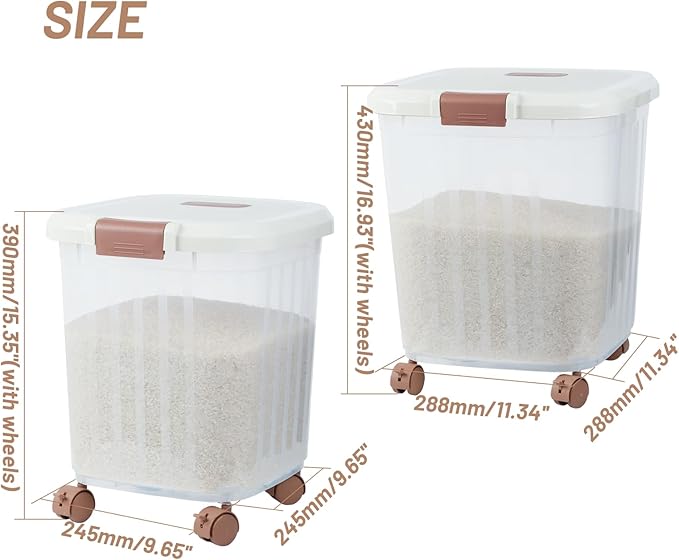 PENCK Airtight Flour Storage Bin Plastic Rice Storage Container Clear Cereal Grain Dry Food Storage Boxes with Wheels for Kitchen Pantry Countertop (30lbs&50lbs)