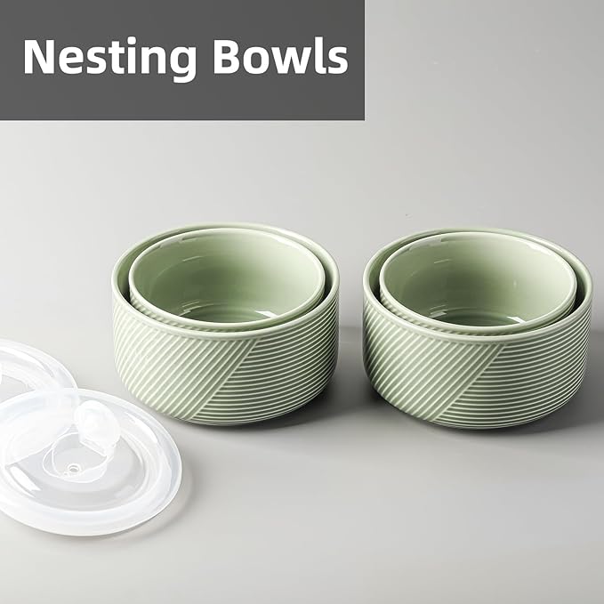Ceramic Nesting Bowls with Lid: Microwave Safe Food Storage Containers for Work Lunch Picnic Camping Meal Prep Soup Salad Cereal Leftovers - 5 & 6 Inch, 20 & 32 oz, Set of 4, Green