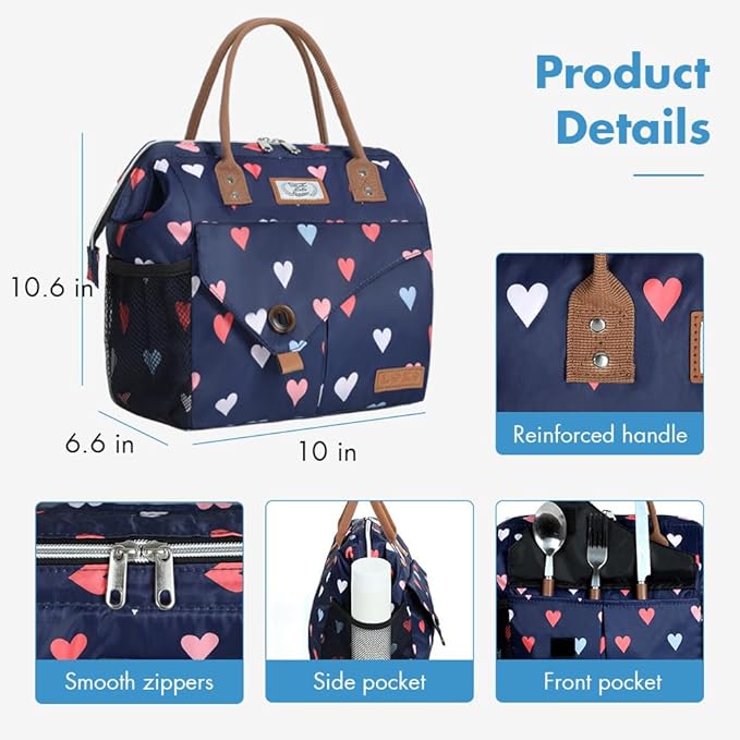 Lekesky Lunch Bag Leakproof Lunchbox Insulated Lunch Bag for Women Work, Picnic and Camping, Hearts Print