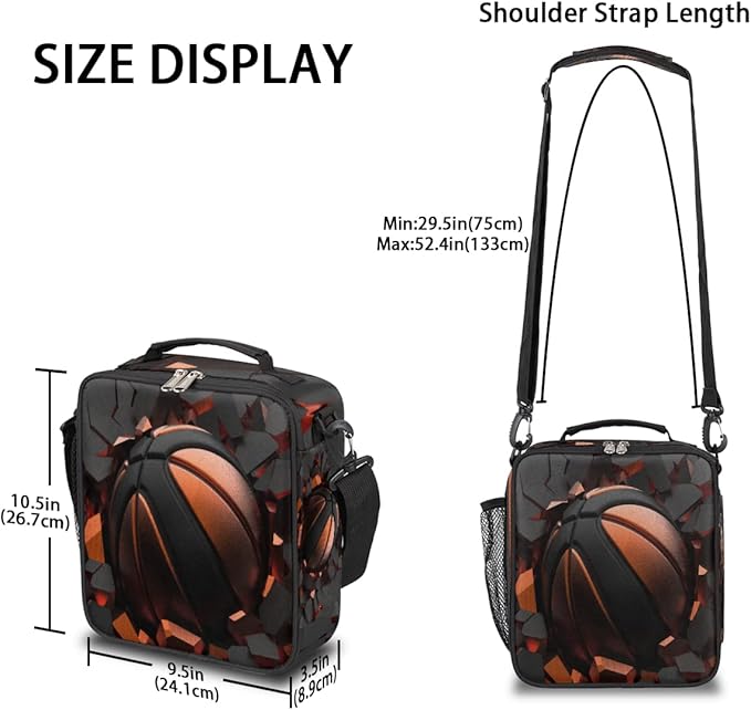Basketball Kids Lunch Box Art Painting Basketabll Insulated Lunch Bag Tote for Girls Boys Cooler Freezable Meal Prep Bag with Shoulder Strap Waterproof Lunch Container for School Office Picnic