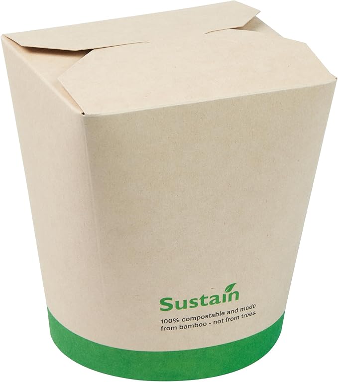 Restaurantware Sustain 32 Ounce Sturdy Paper Take Out Boxes, 200 Disposable Take Out Food Containers - With PLA lining, Compostable, Bamboo Paper Containers, Built-In Tab-Lock Cover, Greaseproof