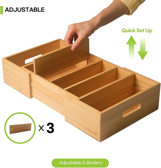 Expandable Kitchen Cabinet Organizer for Food Storage Container Lids, Bamboo Drawer Caddy Adjustable Dividers, Box for Kitchen Storage and Organization, Lids Organizer for Cabinet (Natural)