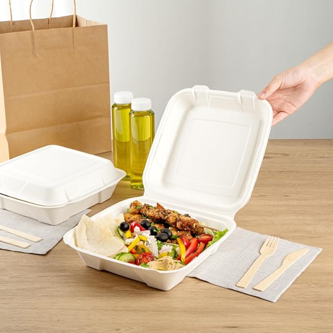 Restaurantware Pulp Safe No PFAS Added 32 Ounce Clamshell Boxes 100 Disposable Containers - Home Compostable Microwavable And Freezable White Bagasse Containers Built-In Hinged Lid And Tab Lock
