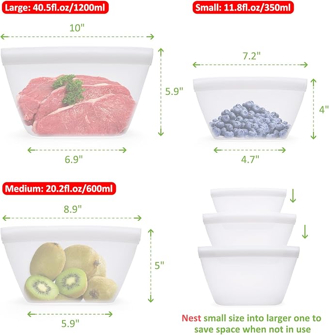 Reusable Silicone Food Storage Bags - 100% Food Grade BPA-Free, Freezer/Microwave/Dishwasher Safe | Stand-Up Zip Closure, Leakproof Eco-Friendly Meal Prep Containers (3 Pack)