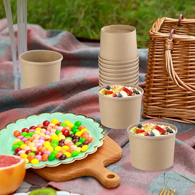 12 oz 25 Pack Paper Soup Containers with lids, Disposable Kraft Food Cups, Soup Cups Paper Ice Cream Cup, Dessert Cup, Yogurt Ice Cream Containers. Great For Restaurants, Take Outs, or To-Go Lunch