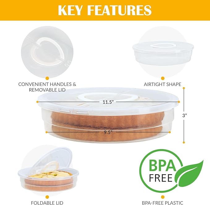 Plastic Pie Carrier with Lid and Handles - Airtight Cover, BPA Free Container for Pies and Pastry Products - Round Keeper Keeps Cookies, Muffins, Cupcakes, Bakery Fresh