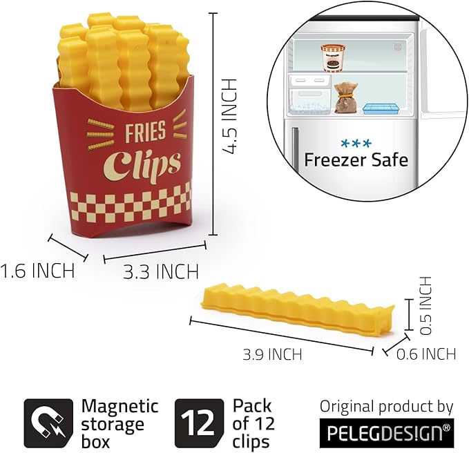 Fries Clips: 12 Cute French-Fries-Shaped Bag Clips to Seal Opened Food Packages | Fun Bag Clips for Food in a Magnetic Box to Always Be at Hand | Cute Kitchen Accessories by Peleg Design