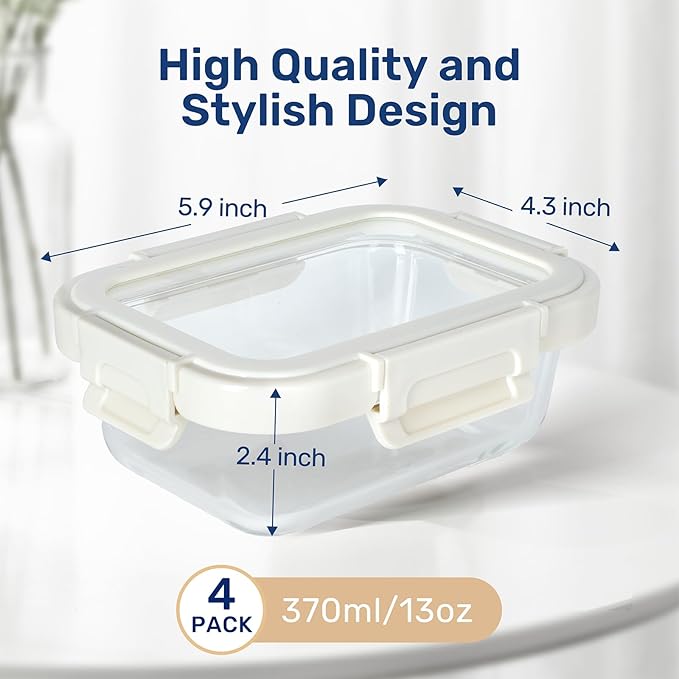 YSSOA Food Meal Prep Containers with Exclusive Glass Lids, Glass Storage Containers with Lids, BPA-Free, Glass Lunch Boxes for Lunch, Pantry Organizers and Storage, Freezer to Oven Safe, 4 Pack