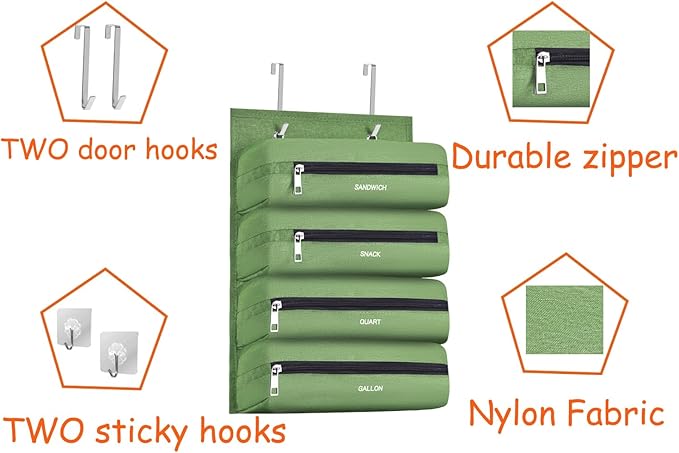 Zipper Bag Organizer Suitable for kitchen RV Campers with Zipper Gallon, Quart, Sandwich and Snack Food Storage Bags, Kitchen Plastic Bag Storage Organizer (Green)