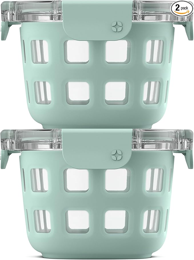 Ello Duraglass 2-Pack 2 Cup Reusable Glass Container Jar with Leak Proof Lids and Protective Silicone Sleeves | Perfect for Overnight Oats, Snacks, Yogurt | BPA-Free | Dishwasher Safe | Yucca