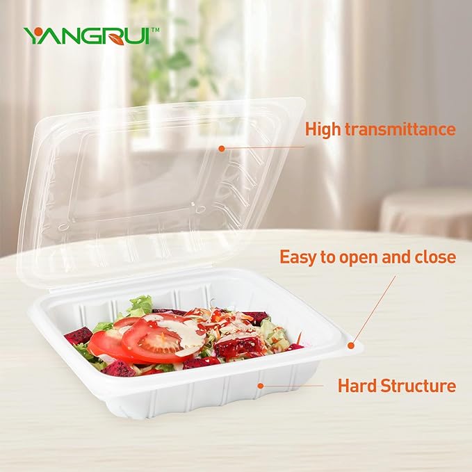 YANGRUI To Go Containers, Reusable Anti-Fog Shrink Wrap 25 Pack 8 Inch 34 OZ White Plastic Meal Prep Boxes BPA Free Microwave Freezer Safe Hinged Clamshell Take Out Container