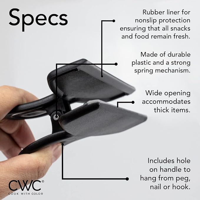 COOK WITH COLOR Bag Clips - Heavy Duty Chip Clip and Refrigerator Magnet Clips for Food Storage with Air Tight Seal Grip, Black, Pack of 4 Large Clips