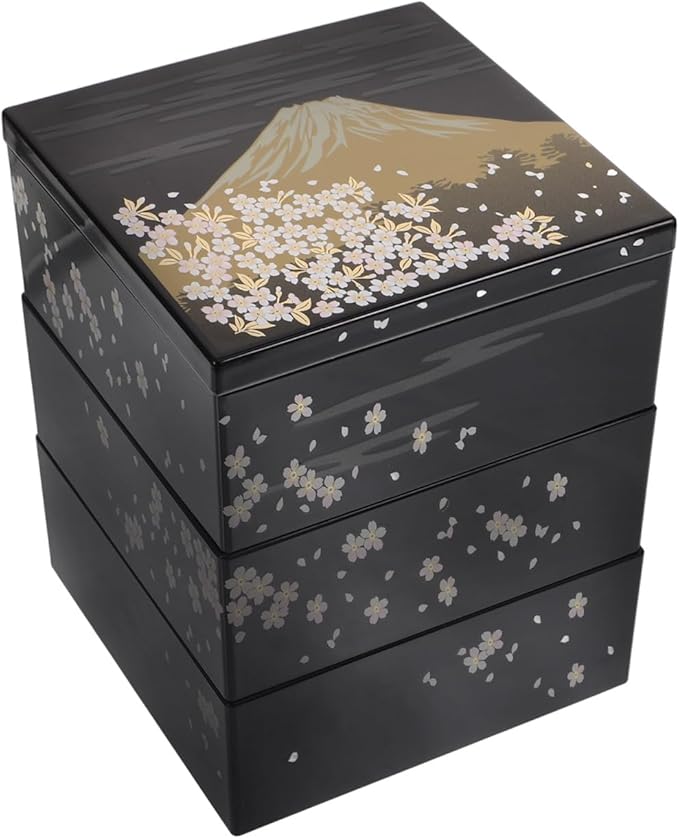 Amosfun Traditional Japanese Bento Lunch Box 3-tiers Sushi Tray Plastic Lacquered Snack Box with Lid Meal Container for Home Restaurant