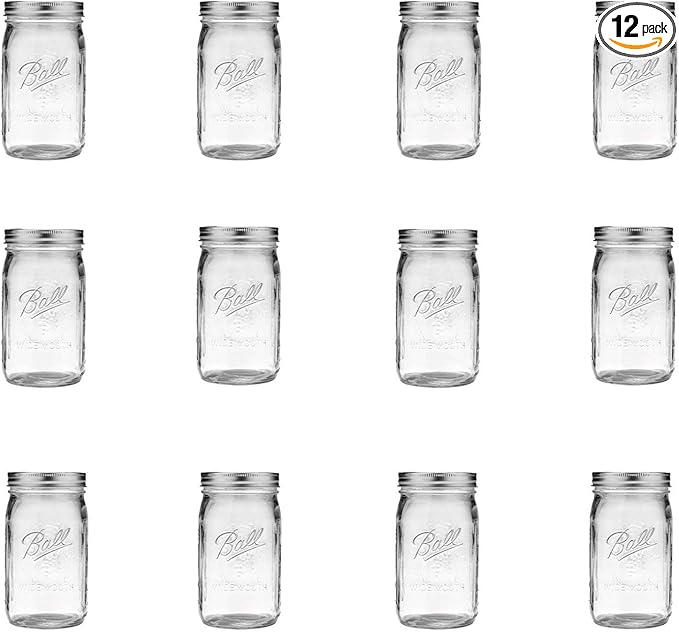 Ball Wide Mouth Clear Glass Canning Quart 32 Oz Mason Jars with Lids, 12 Pack