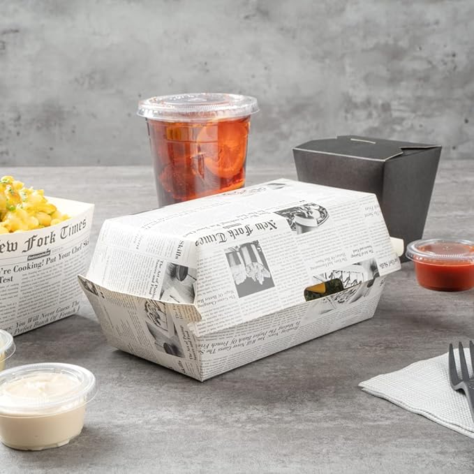 Restaurantware Bio Tek 6.7 x 3.5 x 3.5 Inch Clamshell Food Containers 100 Disposable Sandwich Containers - Hinged Lid Tab-Lock Closure Newsprint Paper Hot Dog Containers Recyclable Greaseproof