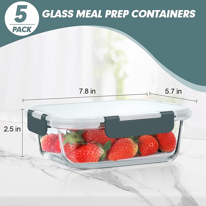 30 oz 5 Pack Glass Meal Prep Containers, Glass Storage Containers with Lids - Dishwahser, Microwave, Oven and Freezer Safe, Green