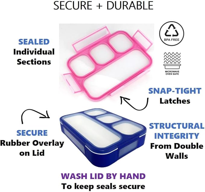 Bento Lunch-Box for Kids and Adults: Leakproof Lunch Boxes with 4 Compartments, Divided Containers for Boys Girls Women Men - School Work Portion Container, Utensils, Blue + Rose Pink Set