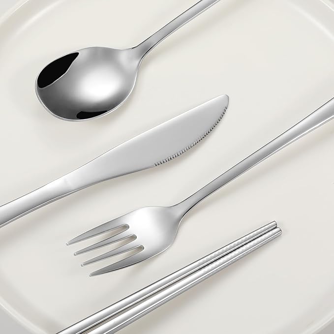 INKULEERTravel cutlery set, 18/8 stainless steel cutlery, Reusable utensils set with case, Portable Silverware Lunch Box for Camping and Office (Silver)