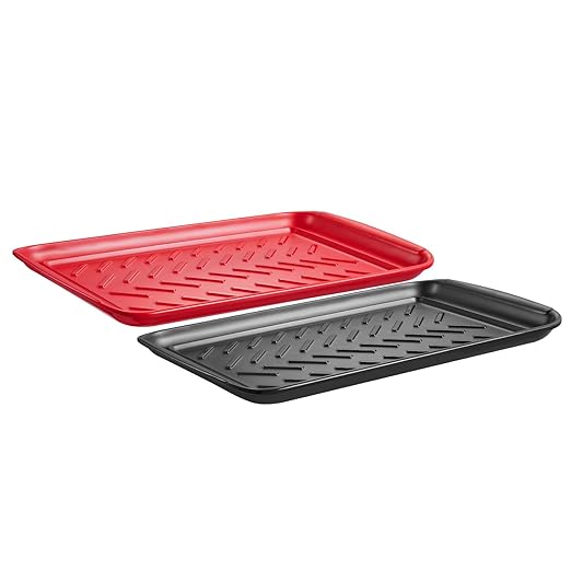 VEVOR Plastic Serving Trays, 2-Pack Grilling Prep and Serve Trays with Handles, 17x10.35 Inch Anti-Slip Melamine Food Tray, Ideal for BBQ, Kitchen, Cafeteria, Ottoman, Coffee Table, Black and Red