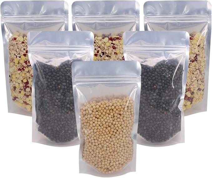 100 Pack 5.5 x 10 Inch Stand Up Pouch Bags Zipper Mylar Bags Clear Front with Aluminum Foil Back Reusable Food Storage Bag for Multipurpose with Gusset Bottom(5.5mil Thickness)