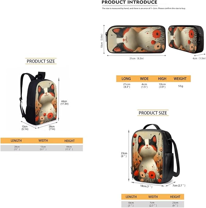 Dolyues Flower Cat Adorable Girls Backpack Set: 17 Inch Cute School Backpack, Insulated Lunch Bag & Pencil Case for Kids - Perfect for Elementary Students & Daily Use